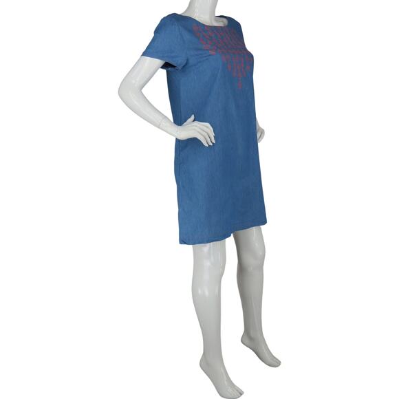 ModCloth Floral Embroidered Chambray Boho Mini Shift Dress L - Picture 6 of 7